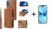 Luxe Telefoonhoesje voor Apple iPhone 13 Pro Max | Hoogwaardig Leren Bookcase | Lederen Wallet Case | Luxe Uitstraling | Pasjeshouder 6 stuks | Cognac Bruin + 1x Screenprotector