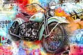 JJ-Art (Aluminium) | Harley Davidson motor, abstract, woonkamer – slaapkamer | Motorfiets, graffiti, popart, vintage, blauw, rood | Foto-Schilderij print op Dibond / Aluminium (metaal wanddec