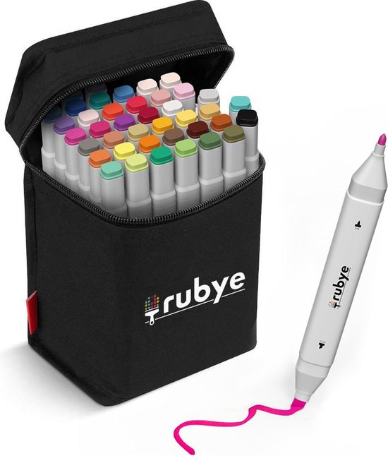 Rubye® Markeerstiften - Dual-Tip Markers - Twinmarkers - Alcohol Markers - Kleurstiften - Stiften voor Volwassenen - Etui - 40 Stuks