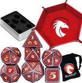 DnD Metal dice set XL Deluxe+ - Inclusief Dice Tray & Dice Bag – Red With Black Edge - Dungeons and metalen Dragons dobbelstenen