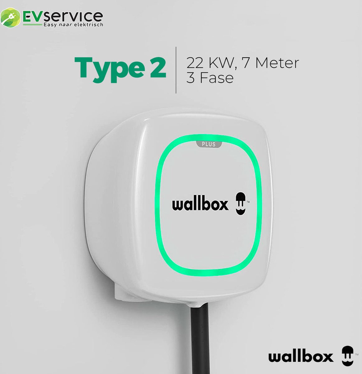 Wallbox Pulsar Plus - Type 2 kabel Maximale Laadvermogen: 32A, 3 fasen, Load Balancing: Nee, Kabellengte: 7 meter, Kleur: Wit