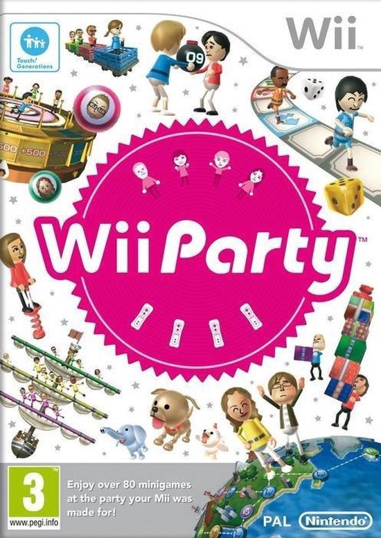 Wii Party speldoos met vrolijke Mii-personages en minigame-elementen. 'Enjoy over 80 minigames at the party your Mii was made for!'