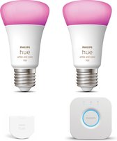 Philips Hue Starterspakket White and Color Ambiance E27 - 2 Hue Lampen, Wall Switch en Bridge - Eenvoudige Installatie - Werkt met Alexa en Google Home