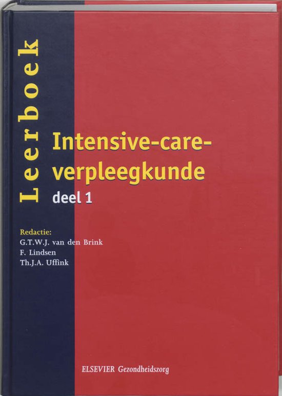 Face avant du livre 'Leerboek Intensive-care-verpleegkunde deel 1'. Couverture rouge avec dos bleu foncé. Titre en lettres jaunes.