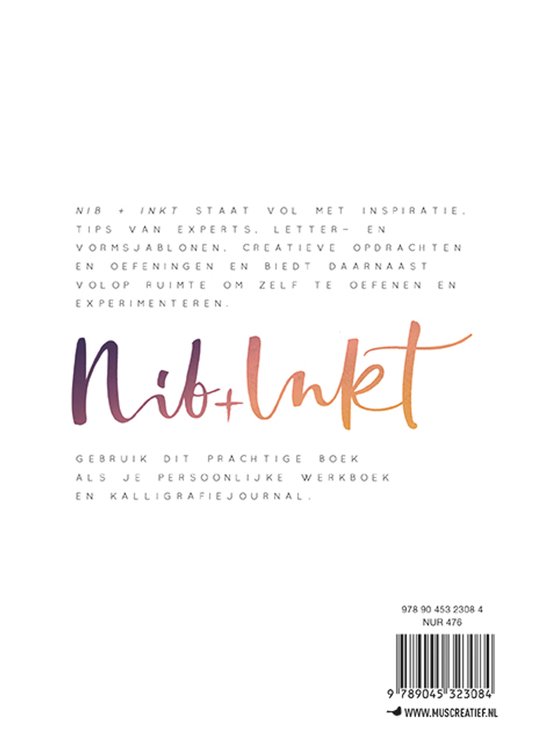 Achterkant van een boek met de titel 'Nib + Inkt' in kalligrafische letters. Met tekst en ISBN-nummer.