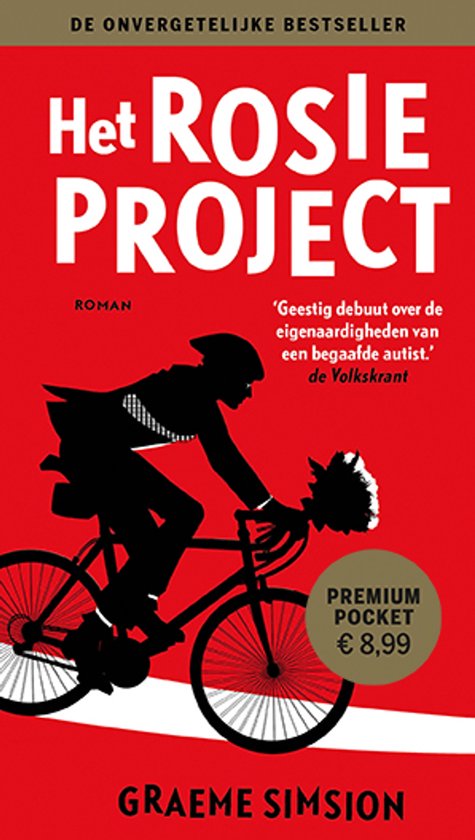 Boek 'Het Rosie Project'. Zwart silhouet van man op fiets met bos bloemen. Rode kaft.