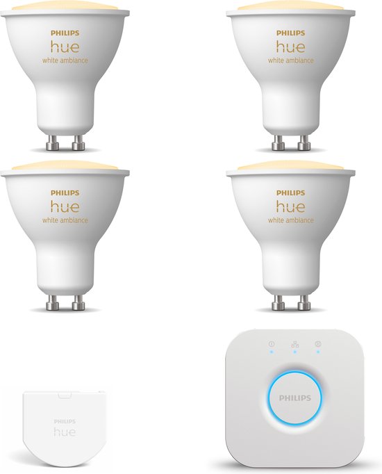 Philips Hue Starterspakket GU10 White Ambiance - 4 Hue GU10 LED Lampen, Bridge en Wall Switch - Eenvoudige Installatie - Werkt met Alexa en Google Home