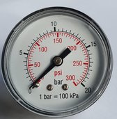 K&W Manometer 50 mm diameter 0-20 bar met 1/4"  achter aansluiting geschikt voor luchtdruk