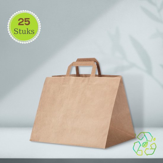 Sacs en papier Kraft avec poignée | 25 pièces | 32x22x25cm | Marron | Sacs en papier | des sacs-cadeaux | Sacs en papier pour boulangers, pâtissiers et livreurs de pizzas