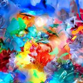 JJ-Art (Glas) 80x80 | Man en vrouw gezichten - abstract kubisme surrealisme - picasso stijl - kleurrijk - kunst - woonkamer - slaapkamer | Blauw, rood, geel, groen, vierkant, moder