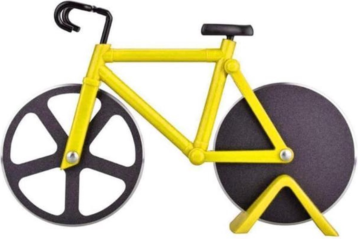 Pizzasnijder Fiets – fiets – Pizzames – Pizza roller – RVS – Pizzaschaar - geel