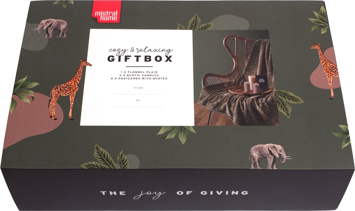 Mistral Home - Giftbox - Cadeau - Flannel plaid 130x170 cm met 3 rustieke kaarsen en postkaartjes - Crocodile khaki - Khaki