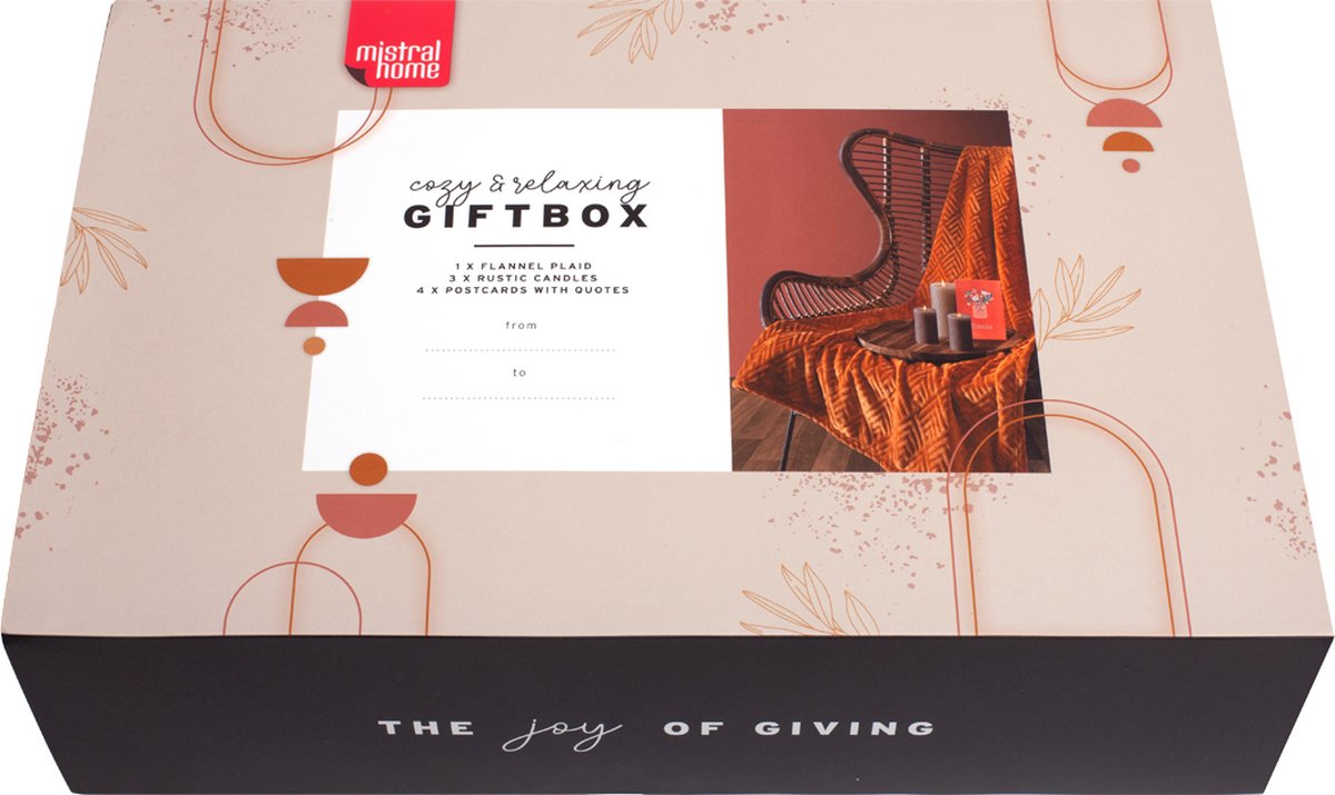 Mistral Home - Giftbox - Cadeau - Flannel plaid 130x170 cm met 3 rustieke kaarsen en postkaartjes - Deco rust - Roestkleurig