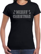 Glitter kerst t-shirt zwart Merry Christmas glitter steentjes/ rhinestones   voor dames - Glitter kerst shirt/ outfit M