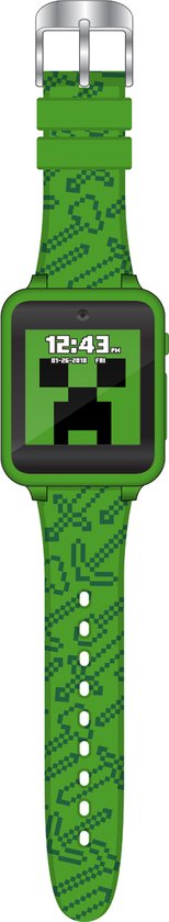 Groen Minecraft smartwatch met een groen bandje met pixelpatroon. Het scherm toont 12:43 en een Minecraft Creeper gezicht.