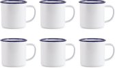 Veluw® Emaille Mok met Oor - Emaille Beker Set - Emaille Servies - Wit/Blauw - 35cl - ( Set van 6 )