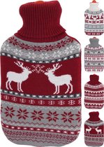 Warmwaterkruik Kerst - Noors Design - Gebreide Hoes met Rode Kraag en Sneeuwvlokken - 2 Liter