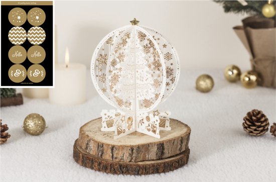 Foto: 3d pop up kerstkaart met witte kerstbomen en gouden kerststerren incl berichtenpaneel incl 8 feestelijke sluitzegels