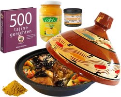 Complete tajine cadeau pakket. - kookboek - kruiden - ingelegde citroenen
