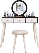 Kaptafel met Uitneembare Spiegel, 3 Lades en Make-up Krukje, Commodes Schminktafel Moderne Stijl (Wit Zwart, 90x40x128cm)