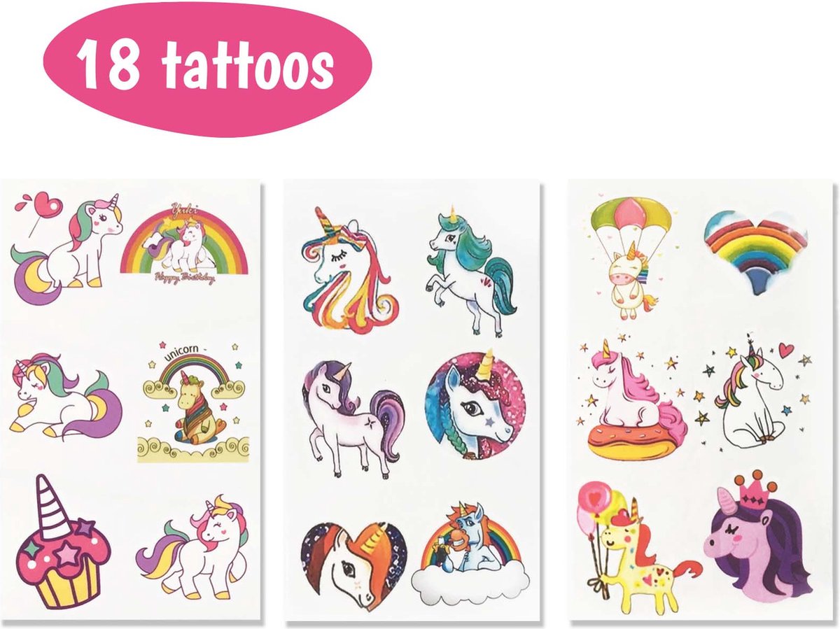 Eenhoorn Versiering - Plak Tattoos – Plaktattoo Unicorn - Cadeautjes 5 euro - Plaktattoos Voor Meisje – Cadeau Kinderen - Neptattoo Decoratie - Traktatie - Feestje - Tattoo Kinderen - Roze - 18 Stuks - Merkloos