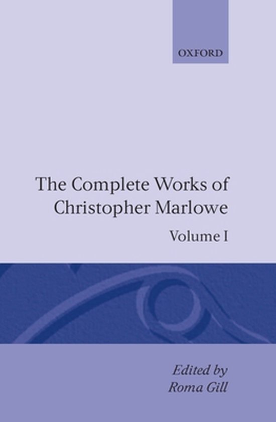 De Complete Werken van Christopher Marlowe, Volume I. De omslag is paars met de titel in witte letters en een blauwe decoratieve rand.