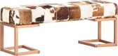 Bankje - bruin en wit patchwork - bronze stalen poten -  echt geitenleer - uniek product - robuust - koeienhuid look - industriële uitstraling - vrolijk - 100% leder - vierkant pat