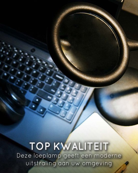 Lampe loupe noire moderne avec éclairage LED au-dessus d'un ordinateur portable et d'un bloc-notes.