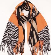 Dames lange warme sjaal tijger/zebra print zwart/wit/beige/oranje