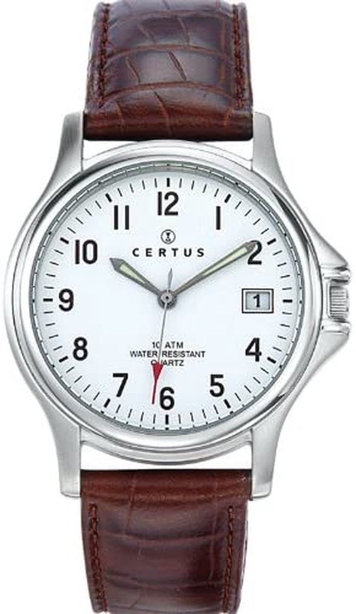 Certus-Duidelijk heren horloge-Datumaanduiding-Bruin lederen horlogeband.