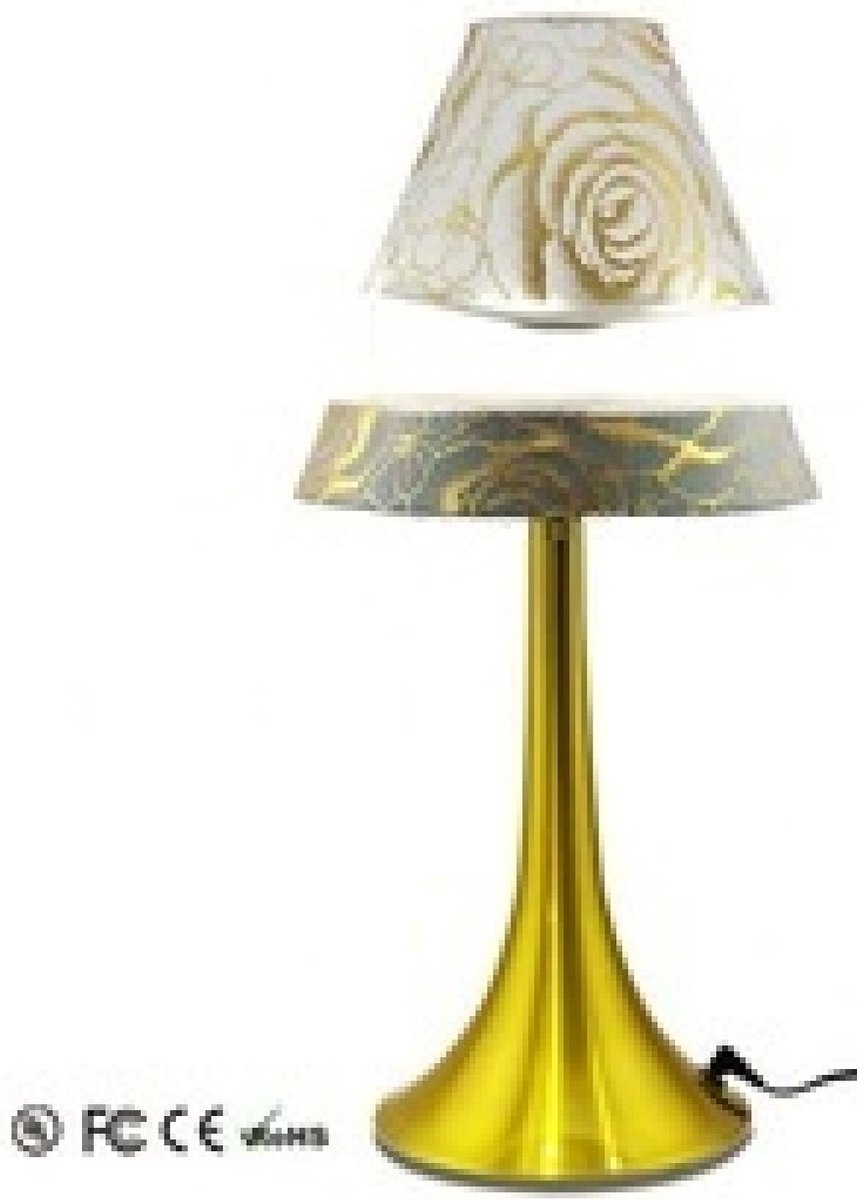 Zwevende klassieke lamp witte kap met gouden motief en aluminium goudkleurige voet