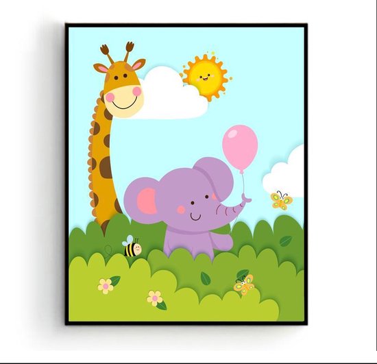 Poster Dieren in de bosjes Giraf Olifant met ballon en Bijtje Links - Kinderkamer - Dierenposter - Babykamer / Kinderposter - Babyshower Cadeau - Muurdecoratie - 40x30cm - Postercity