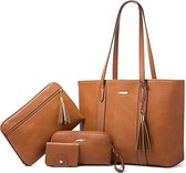 Lubellie® La Crolina Vierdelige Handtas set met Dames Handtas - Schoudertas - Clutch - Crossbodytas - Portemonnee - Make up tas - Bruin