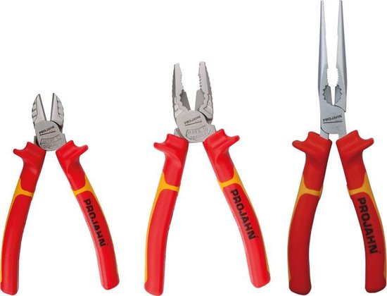 Trois pinces PROJAHN avec poignées rouges et accents jaunes : pince coupante, pince combinée et pince à bec effilé. Toutes 'Made in Germany'.