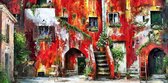 JJ-Art (Canvas) | Rome, Italië, oude binnentuin, patio, olieverf stijl, woonkamer| abstract, trap, fiets, bloemen en planten, rood, geel, groen | Foto-Schilderij print op Canvas (canvas wandd