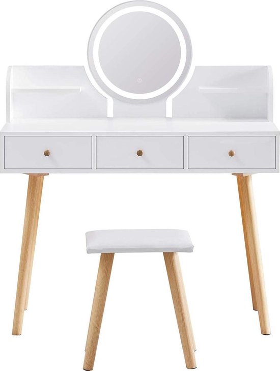 VASAGLE coiffeuse avec miroir avec led 3 couleurs, table de maquillage,  avec 5 tiroirs et 1 organisateur de rangement amovible, pieds en bois  massif, avec tabouret, blanc LED 3 couleurs, 5 tiroirs