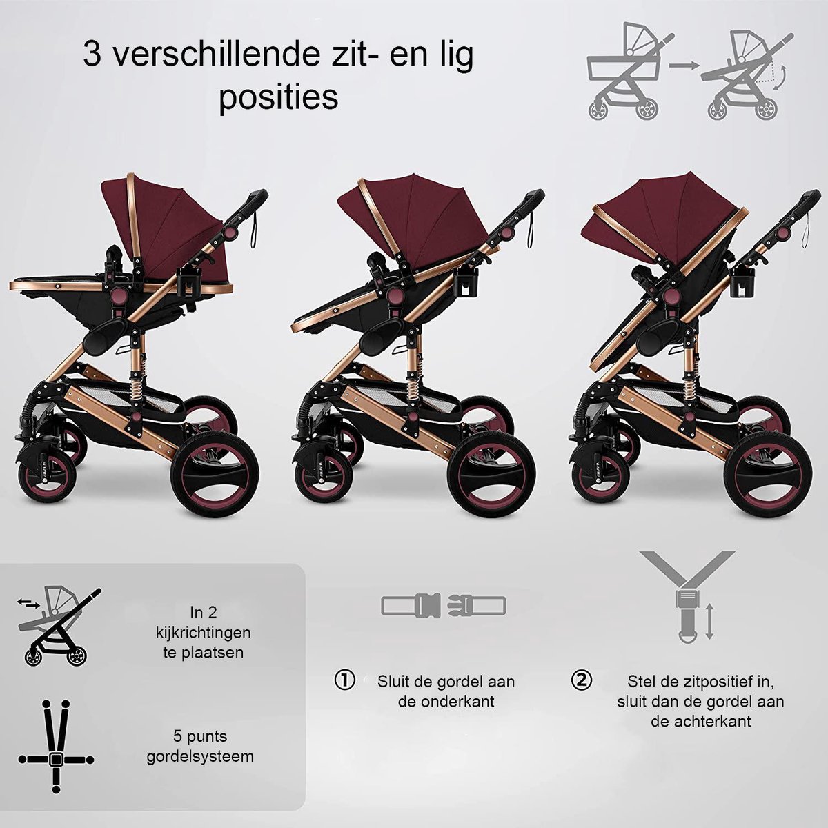 Kinderwagen 3 in 1 met Luiertas - Bordeaux/Goud - afbeelding 2