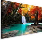 Schilderij - Waterval en herfst bos, multi-gekleurd, 4 maten, wanddecoratie