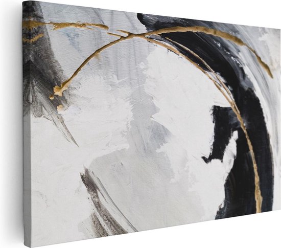 Artaza Canvas Schilderij Abstract - Luxe Kunst - Wit met Zwart en Goud - 120x80 - Groot - Muurdecoratie Modern - Wanddecoratie Woonkamer