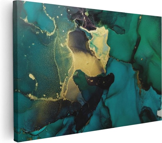 Artaza Canvas Schilderij Abstracte Kunst - Groen met Goud - 90x60 - Foto Op Canvas - Canvas Print - Muurdecoratie