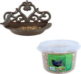 Wand vogel voederbak/drinkbak gietijzer 24 cm inclusief 4-seizoenen mueslimix vogelvoer - Vogel voederstation - Vogelvoederhuisje