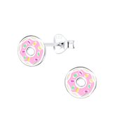 Joy|S - Zilveren donut oorbellen - 8 mm - roze met gekleurde spikkeltjes
