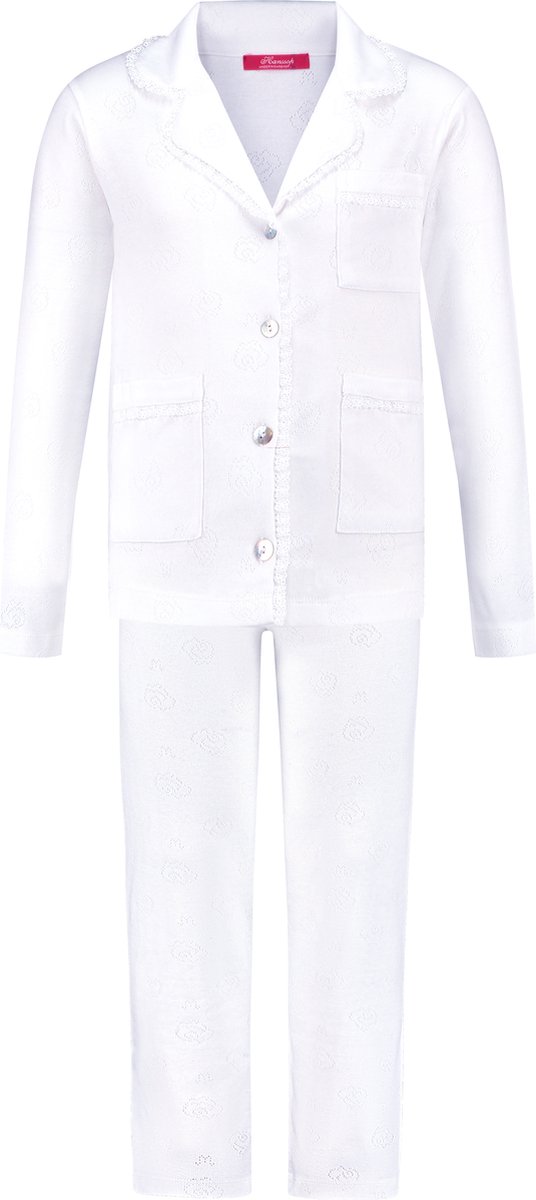 Exclusief Luxueus Kinder nachtkleding Luxe mooie zacht frisse witte Girly Pyjama van Hanssop met verfijnde kant rand details en een luxe kraag verwerking, Meisjes Pyjama, zacht wit in een ajour bloem design, maat 152