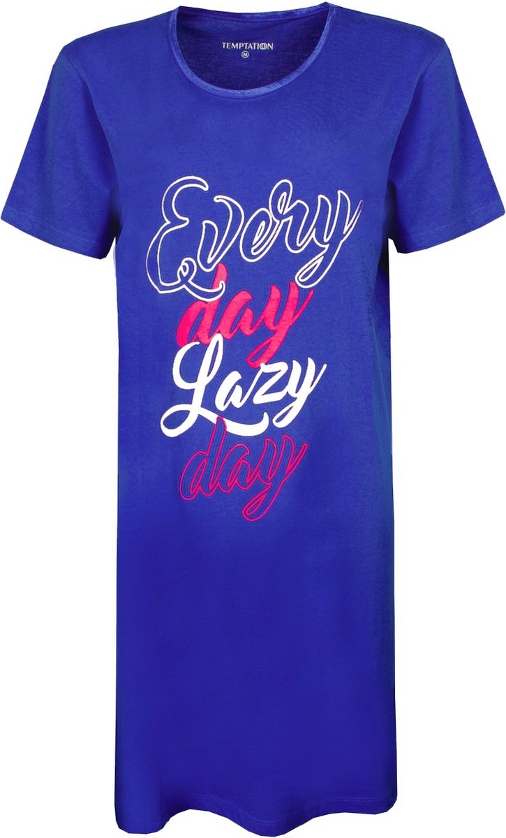 Temptation Dames Nachthemd - Bigshirt - Katoen - Kobalt Blauw - Maat M