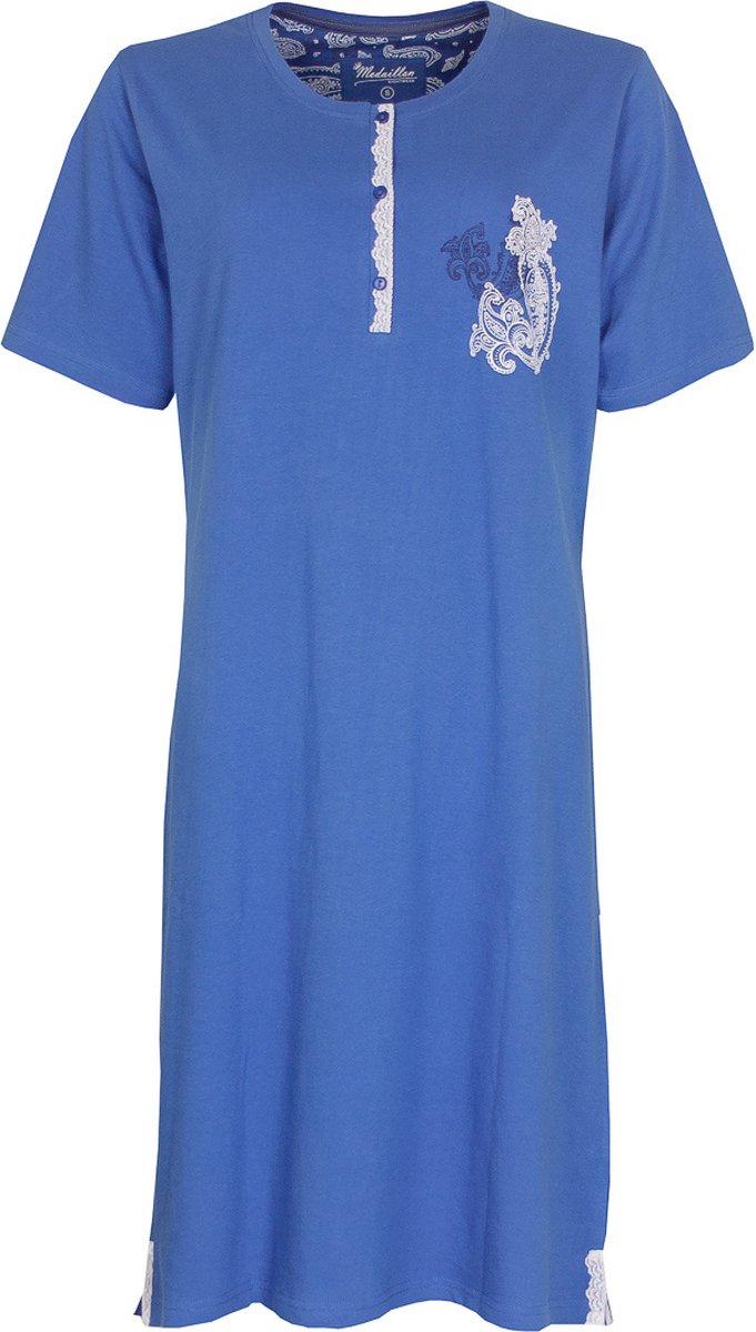 Medaillon Dames Nachthemd - Katoen - Korte Mouwen - Blauw - Maat S