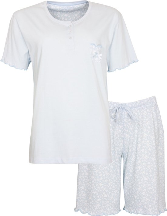 Tenderness Dames Shortama - Blad Patroon - Licht Blauw - Maat XXL