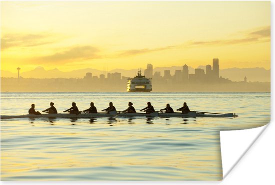 Poster Groupe de rameurs dans la baie 180x120 cm - Tirage photo sur Poster (décoration murale salon / chambre) / Affiche Sport XXL / Groot format!