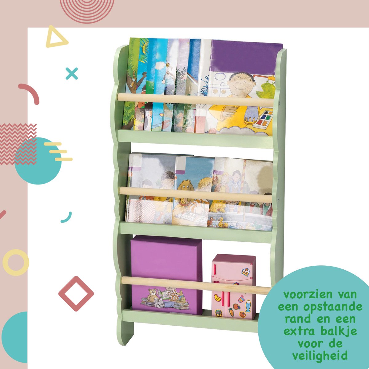 Kinderrek met 4 planken en 3 open vakken, boekenrek voor kinderen, kinderkamerrek, boekenrek, opbergrek voor kinderen, speelgoedorganizer voor speelkamer, 80 x 30 x 67,5 cm (eiken
