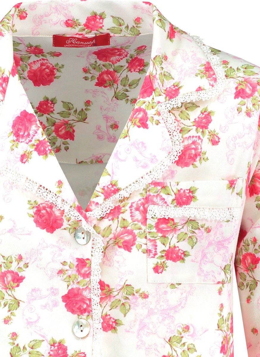 Exclusief Luxueus Kinder nachtkleding Luxe mooie zacht roze Girly Pyjama van Hanssop met verfijnde kant rand details en luxe kraag verwerking, Meisjes Pyjama, zacht roze rozen bloem print, maat 116