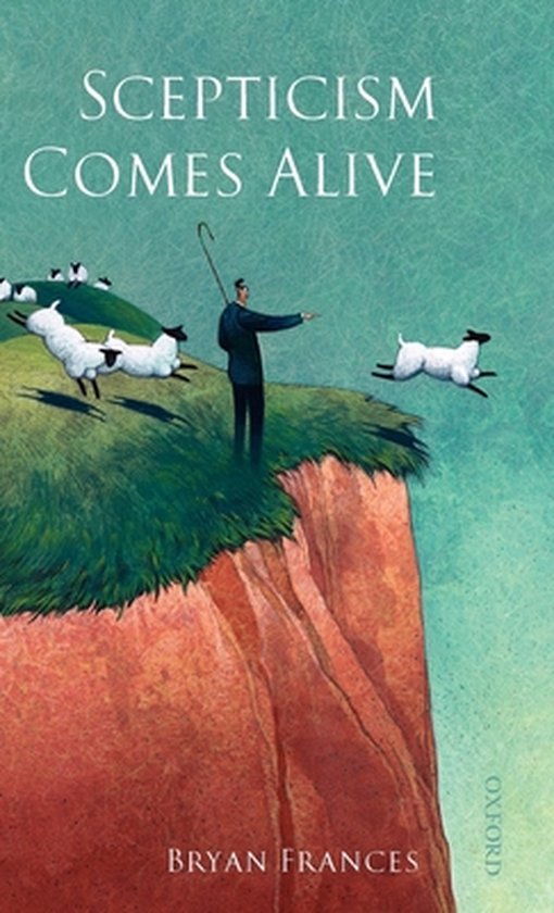 Boekomslag met schapen die van een klif springen, met een man die ze hoedt. 'Scepticism Comes Alive' door Bryan Frances.